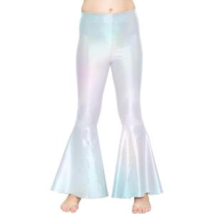 imageSTRETCH IS COMFORT Girls Stretch Bell Bottoms Flare Pants Little  Big Kid Ruffle Bootcut Leggings  Sizes 214Hollographic Silver