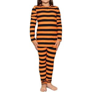 imageSTRETCH IS COMFORT Youth Girls Oh So Soft 2Piece Set  Short or Long Sleeve Crew Neck Top with Matching LeggingsBlack and Orange Stripes