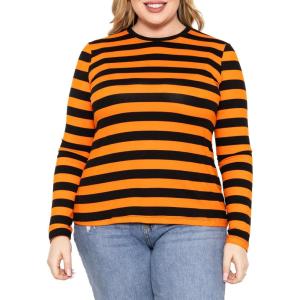 image:imageSTRETCH IS COMFORT Womens Long Sleeve Lay Flat Crew Neck Tee  Everyday Top  Plus amp Regular Sizes S5XBlack Orange Stripes