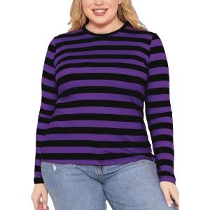 image:imageSTRETCH IS COMFORT Womens Long Sleeve Lay Flat Crew Neck Tee  Everyday Top  Plus amp Regular Sizes S5XBlack Purple Stripes
