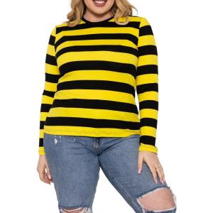 image:imageSTRETCH IS COMFORT Womens Long Sleeve Lay Flat Crew Neck Tee  Everyday Top  Plus amp Regular Sizes S5XBlack Yellow Stripes