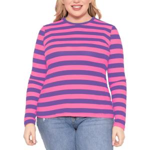 image:imageSTRETCH IS COMFORT Womens Long Sleeve Lay Flat Crew Neck Tee  Everyday Top  Plus amp Regular Sizes S5XPink Purple Stripes