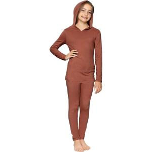 image:imageSTRETCH IS COMFORT Girls 2 Piece Hoodie Short Sleeve Long Sleeve Crew Neck Top and Leggings Set Kids Thermals Underwear SetAlmond