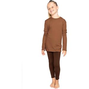 image:imageSTRETCH IS COMFORT Girls 2 Piece Hoodie Short Sleeve Long Sleeve Crew Neck Top and Leggings Set Kids Thermals Underwear SetAlmondbrown