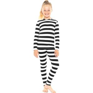 image:imageSTRETCH IS COMFORT Girls 2 Piece Hoodie Short Sleeve Long Sleeve Crew Neck Top and Leggings Set Kids Thermals Underwear SetBlack White Stripes