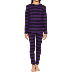 image:imageSTRETCH IS COMFORT Girls 2 Piece Hoodie Short Sleeve Long Sleeve Crew Neck Top and Leggings Set Kids Thermals Underwear SetBlack and Purple Stripes