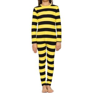 image:imageSTRETCH IS COMFORT Girls 2 Piece Hoodie Short Sleeve Long Sleeve Crew Neck Top and Leggings Set Kids Thermals Underwear SetBlack and Yellow Stripes