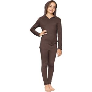 image:imageSTRETCH IS COMFORT Girls 2 Piece Hoodie Short Sleeve Long Sleeve Crew Neck Top and Leggings Set Kids Thermals Underwear SetBrown