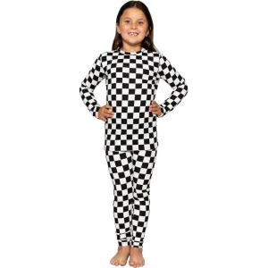 image:imageSTRETCH IS COMFORT Girls 2 Piece Hoodie Short Sleeve Long Sleeve Crew Neck Top and Leggings Set Kids Thermals Underwear SetCheckered Black and White