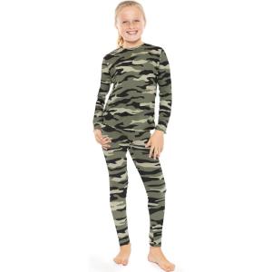 image:imageSTRETCH IS COMFORT Girls 2 Piece Hoodie Short Sleeve Long Sleeve Crew Neck Top and Leggings Set Kids Thermals Underwear SetGreen Camo
