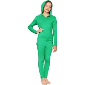 image:imageSTRETCH IS COMFORT Girls 2 Piece Hoodie Short Sleeve Long Sleeve Crew Neck Top and Leggings Set Kids Thermals Underwear SetKelly Green