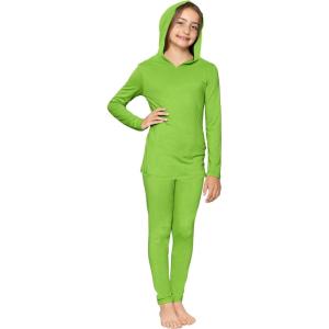image:imageSTRETCH IS COMFORT Girls 2 Piece Hoodie Short Sleeve Long Sleeve Crew Neck Top and Leggings Set Kids Thermals Underwear SetLime Green