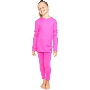 image:imageSTRETCH IS COMFORT Girls 2 Piece Hoodie Short Sleeve Long Sleeve Crew Neck Top and Leggings Set Kids Thermals Underwear SetNeon Hot Pink