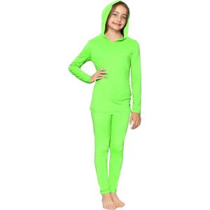 image:imageSTRETCH IS COMFORT Girls 2 Piece Hoodie Short Sleeve Long Sleeve Crew Neck Top and Leggings Set Kids Thermals Underwear SetNeon Lime