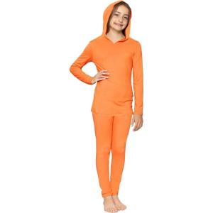 image:imageSTRETCH IS COMFORT Girls 2 Piece Hoodie Short Sleeve Long Sleeve Crew Neck Top and Leggings Set Kids Thermals Underwear SetOrange