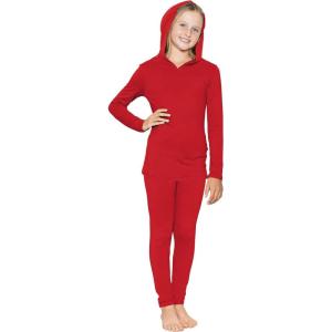 image:imageSTRETCH IS COMFORT Girls 2 Piece Hoodie Short Sleeve Long Sleeve Crew Neck Top and Leggings Set Kids Thermals Underwear SetRed