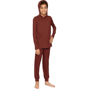 image:imageSTRETCH IS COMFORT Boys Thermal Set Long Sleeve Top with Jogger Pants  Crew Neck or Hoodie  Thermal Underwear For Kids SetAlmond