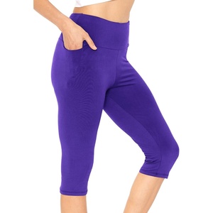 image:imageSTRETCH IS COMFORT Capri Leggings for Women Plus Size Pants with Pockets  Wide high waist knee length 95 polyester 5 spandex leggings for women tummy control Yoga leggings with pockets for womenPurple
