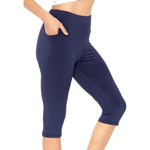 image:imageSTRETCH IS COMFORT Capri Leggings for Women Plus Size Pants with Pockets  Wide high waist knee length 95 polyester 5 spandex leggings for women tummy control Yoga leggings with pockets for womenNavy Blue