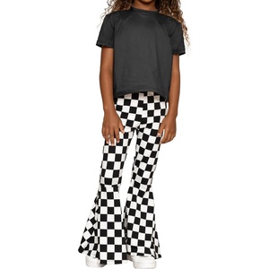 image:imageSTRETCH IS COMFORT Girls 2 Piece Play Outfit  Oh So Soft Short Sleeve Top amp Stretchy Bell Bottom Pant Set  Youth XSXLBlack  Checkered