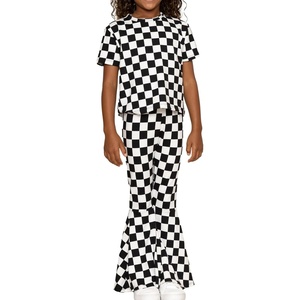 image:imageSTRETCH IS COMFORT Girls 2 Piece Play Outfit  Oh So Soft Short Sleeve Top amp Stretchy Bell Bottom Pant Set  Youth XSXLCheckered Black White
